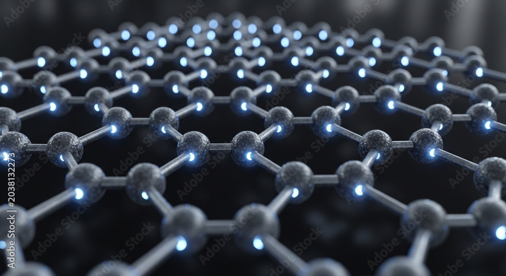 Obraz premium Advanced material science background featuring a geometric graphene network with luminous intersection lines