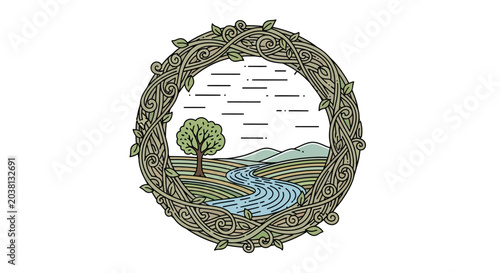 Foto Circular Nature Scene Illustration: Tree, River, Hills, and Sky