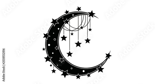 Fotografie Crescent moon with hanging stars and celestial dots, black graphic illustration