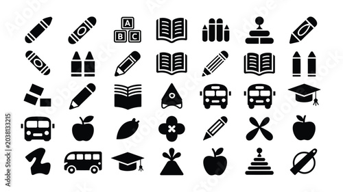 Φωτογραφία Set of preschool and elementary education icons with crayons, books, and school buses
