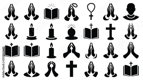 Schilderij op canvas Prayer and religious devotion icons set in black and white including hands and crosses
