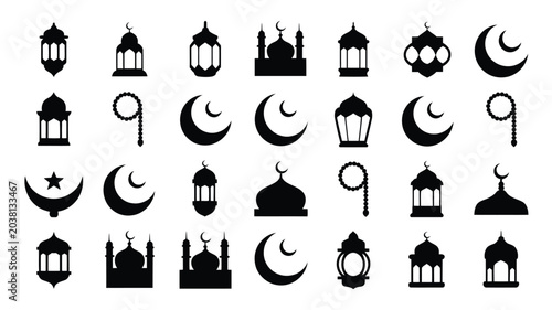 Canvas Print Islamic ramadan kareem icons featuring crescent moon stars lanterns and mosque silhouettes