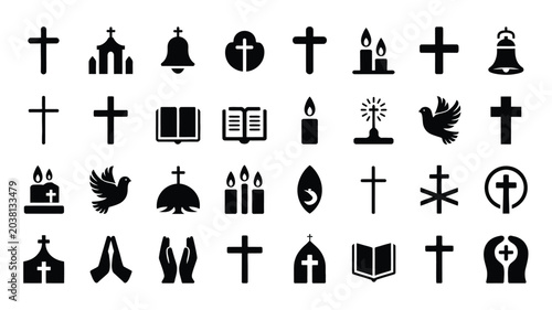 Foto Religious christianity elements set featuring church buildings hands praying and scripture