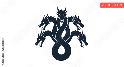 Mythical Hydra Monster Icon, Five Headed Dragon Symbol, Dark Silhouette