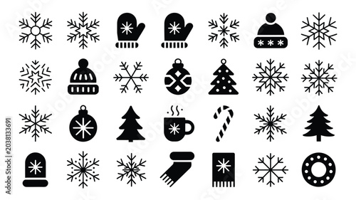 Bild auf Leinwand Winter season icons set with snowflakes mittens and christmas tree ornament