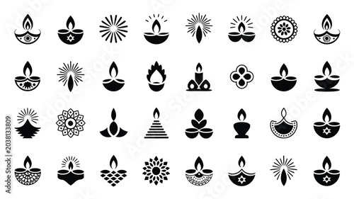Schilderij op canvas Traditional indian diya icons for deepavali celebration with ornate lamp designs and fire