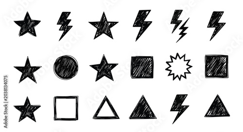 Hand drawn doodle shapes set, 18 black pencil sketch icons including stars and lightning bolts, rough charcoal texture geometric elements on white background