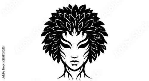 Fotografia Mystical Nature Spirit Face with Leafy Hair - Woman Silhouette