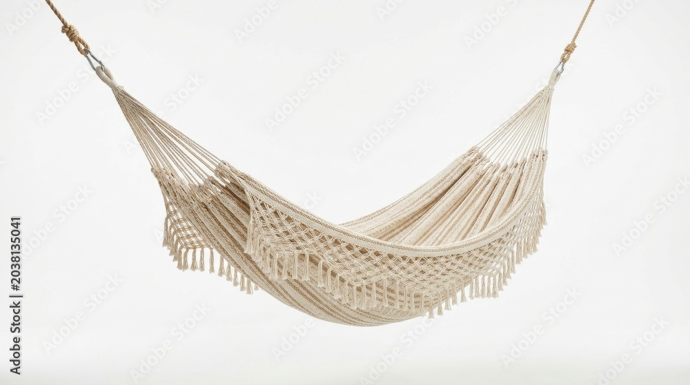 Obraz premium Boho macrame hammock with fringe, cream cotton rope hanging chair, woven textile swing for garden relaxation and interior decor on white background