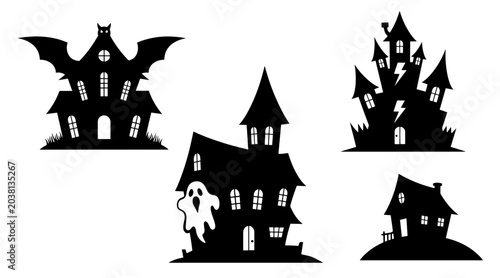 Fotografi Halloween Silhouettes: Spooky Haunted Houses with Bat, Ghost, and Lightning Elem