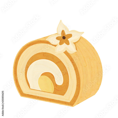 A charming hand painted illustration delicious Swiss roll cake desserts in vanilla flavors