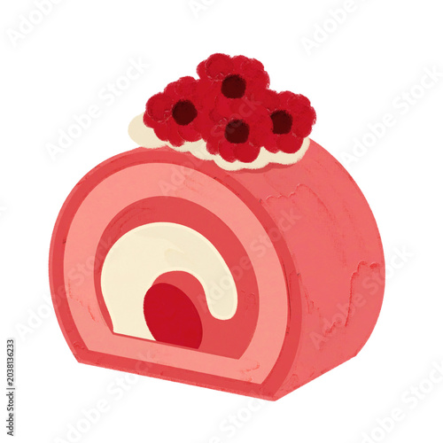 A charming hand painted illustration delicious Swiss roll cake desserts in raspberries flavors