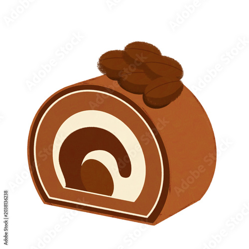 A charming hand painted illustration delicious Swiss roll cake desserts in coffee flavors