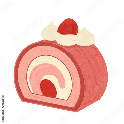 A charming hand painted illustration delicious Swiss roll cake desserts in strawberry flavors