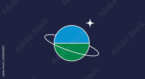 Принти на полотні Abstract Planet Icon with Ring and Star on Dark Blue Background