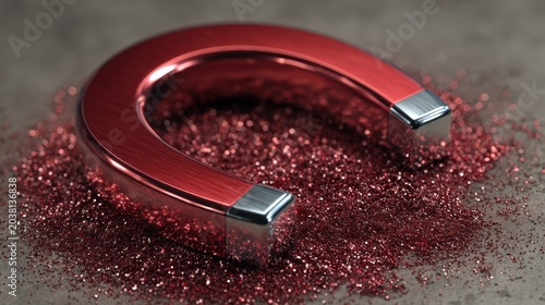 Close-up of red horseshoe magnet with magnetic particles on surface