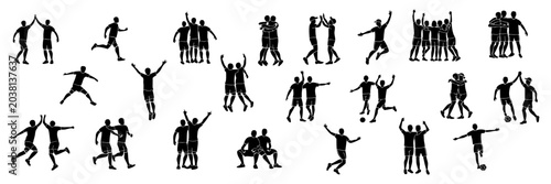 Schilderij op canvas Sports team celebration silhouette set, soccer players high five and celebrating together, hugging each other, cheering and winning together, various victory gestures and sportsmanship vector set