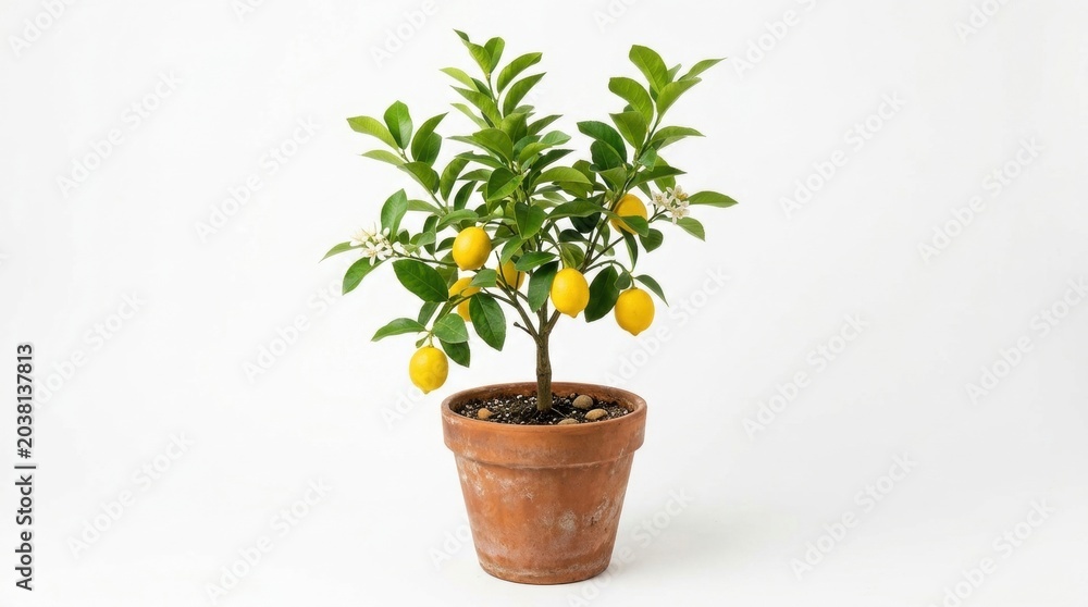 Fototapeta premium Potted lemon tree with ripe yellow fruit, indoor citrus plant in terracotta pot, organic Meyer lemon bush on white background