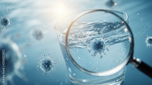 Laboratory Glass with Water Under Microscope with Virus Particles in Fluid