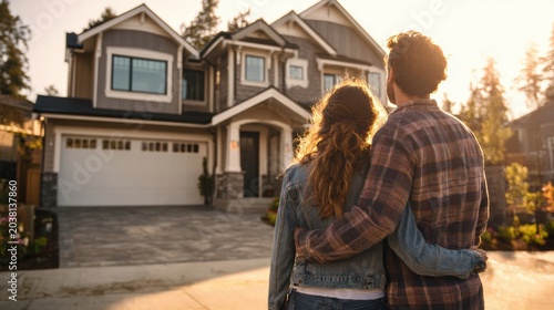 Young Couple Embracing and Watching Sunset in Front of Family Home