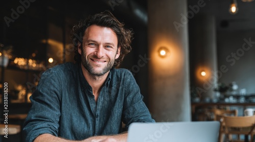 Smiling man with curly hair and beard using laptop in cozy modern cafe setting