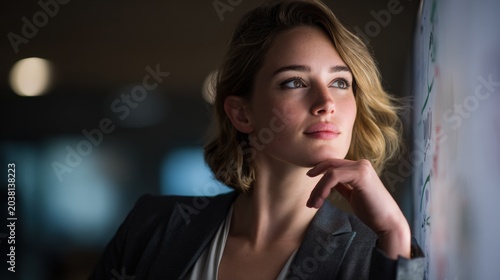 Confident young woman with short hair in a professional setting looking thoughtfully at whiteboard