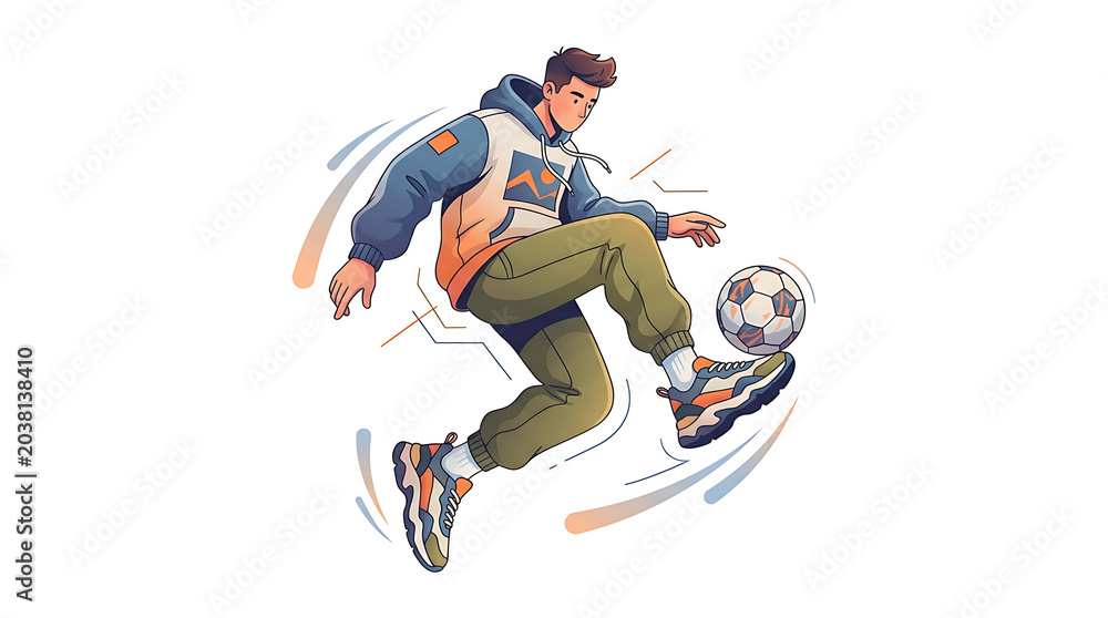 Fototapeta premium Illustration of a man with a ball, an active boy in cartoon winter fashion vector illustration is juggling a soccer ball, in free style.