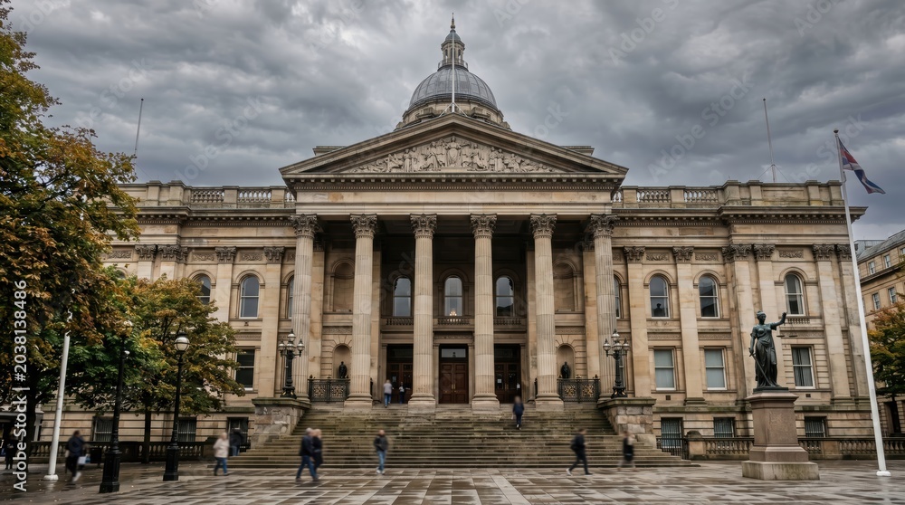 Fototapeta premium Neoclassical civic building facade with columns and dome under overcast sky with pedestrians on wet paved plaza in urban public square