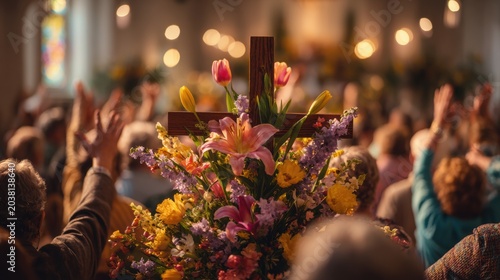 Worship Service with Flower Arrangement and Congregation Prayer in Church