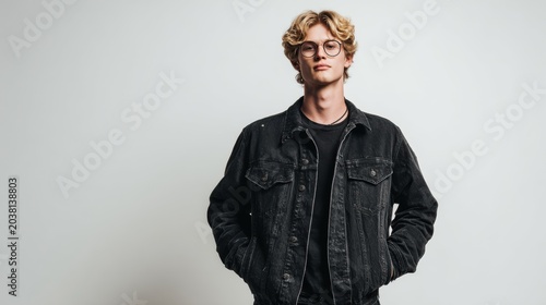 Young man with curly blond hair wearing glasses and casual black denim jacket standing against plain gray background
