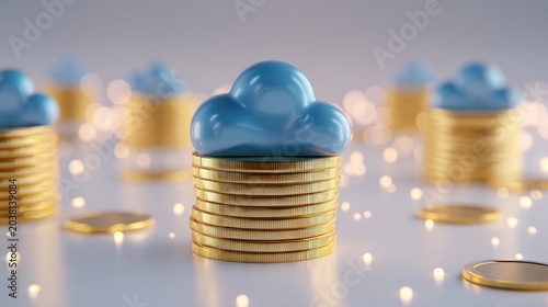 Digital cloud storage concept with stacks of gold coins and blue cloud icons for data and cloud technology