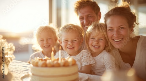 Happy Family Celebrating Birthday with Cake and Candles in Bright Home