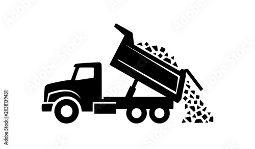 Bild auf Leinwand Industrial Dump Truck Silhouette with Raised Trailer and Falling Load Vector Des