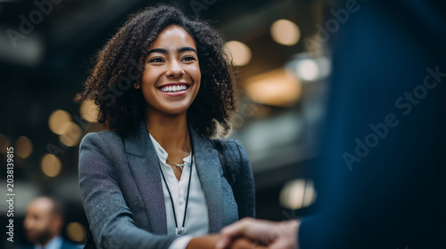Young smiling professional woman shaking hands at corporate business event with businesswoman