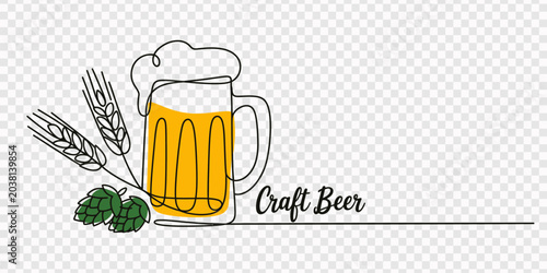Photos transparent background, beer mug and brewing ingredients continuous line drawing, Beer, drink in beer mug