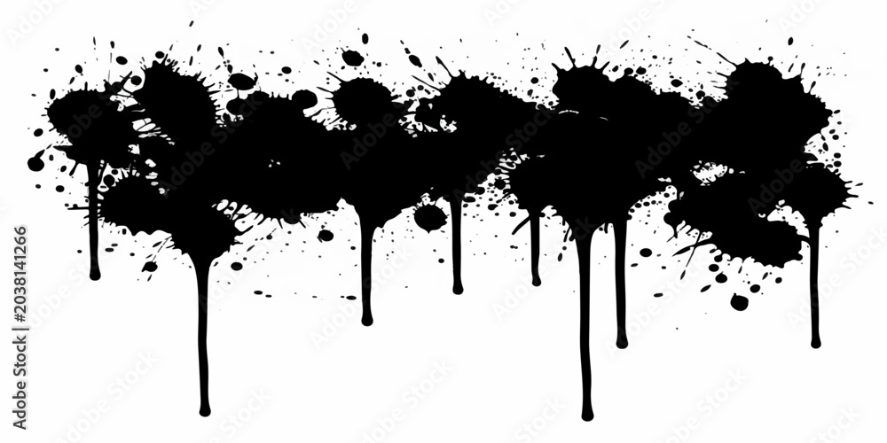 Fototapeta premium A dirty black ink splat and grunge paint splash vector element featuring a textured liquid splatter, rough brush stains, and artistic spray drops on an isolated silhouette background