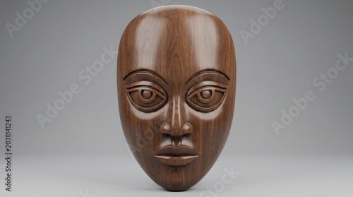 Polished Dark Brown Wood Carved Tribal Human Mask. Hand carved dark wood mask featuring detailed eyes and smooth texture