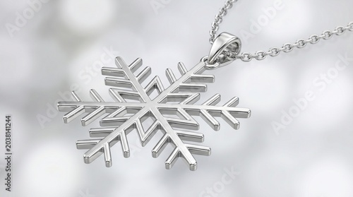 Polished Silver Snowflake Pendant Necklace Jewelry. A beautiful silver snowflake pendant hangs from a delicate metal chain