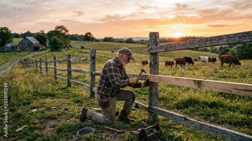 Farmer repairing wooden fence on rural pasture at sunset with grazing cows farmhouse distant and tools on grass
