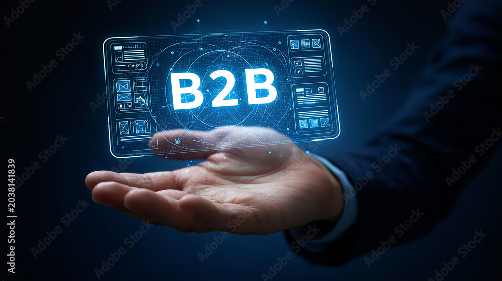 Fototapeta premium B2B Connection: A professional hand holds a futuristic interface displaying the B2B acronym, symbolizing the interconnectedness of business-to-business relationships and digital commerce.