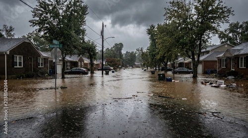 Residential street flooded with brown water covering road yards and parked cars after heavy rainfall under dark storm clouds