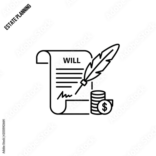 Estate Planning Icon: Will Document, Feather Pen, and Coins