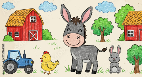 A colorful illustration of a farm scene with a donkey, chicken and other animals