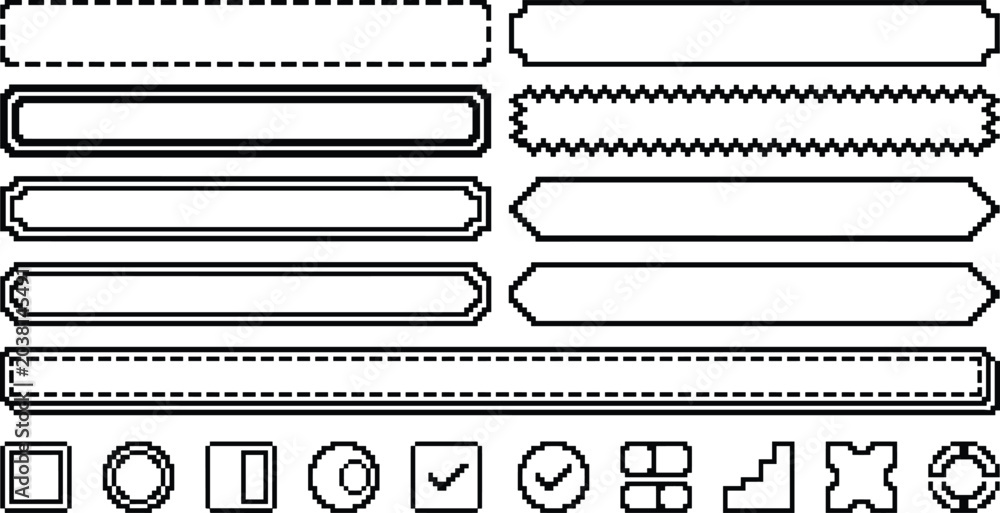 Fototapeta premium Retro Pixel Art Video Game UI Button and Header Banner Banner Element Set with Checkbox Selection and Health Bar Graphic Layouts