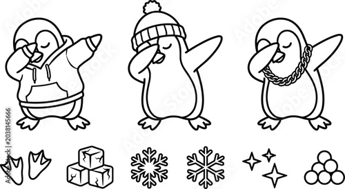 Foto Winter Dabbing Penguin Character Set with Hoodie Beanie Chain Ice Cubes Snowflak