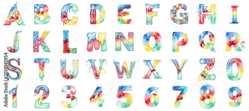 Vibrant Watercolor Alphabet and Numbers with Rainbow Colors and Cherry Fruit Elements