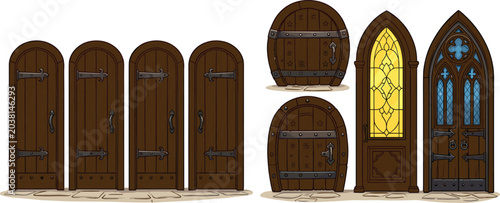 Medieval wooden doors vector set with gothic arches stained glass windows and iron hinges isolated on white background