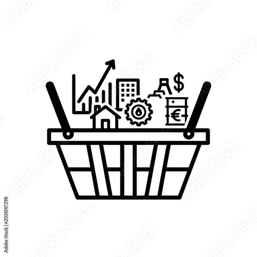 Shopping basket with business and industry icons, financial growth concept