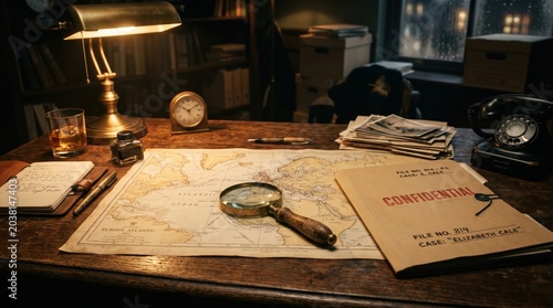 Magnifying glass and confidential file on world map spread across wooden desk in dimly lit office study with lamp and telephone