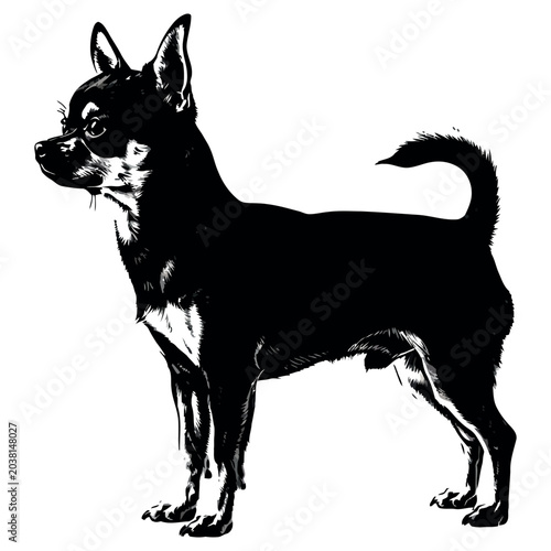 Bild auf Leinwand Chihuahua dog illustration showing a small canine profile standing in a classic pose for this breed captured as a high contrast artistic black and white digital graphic art design image